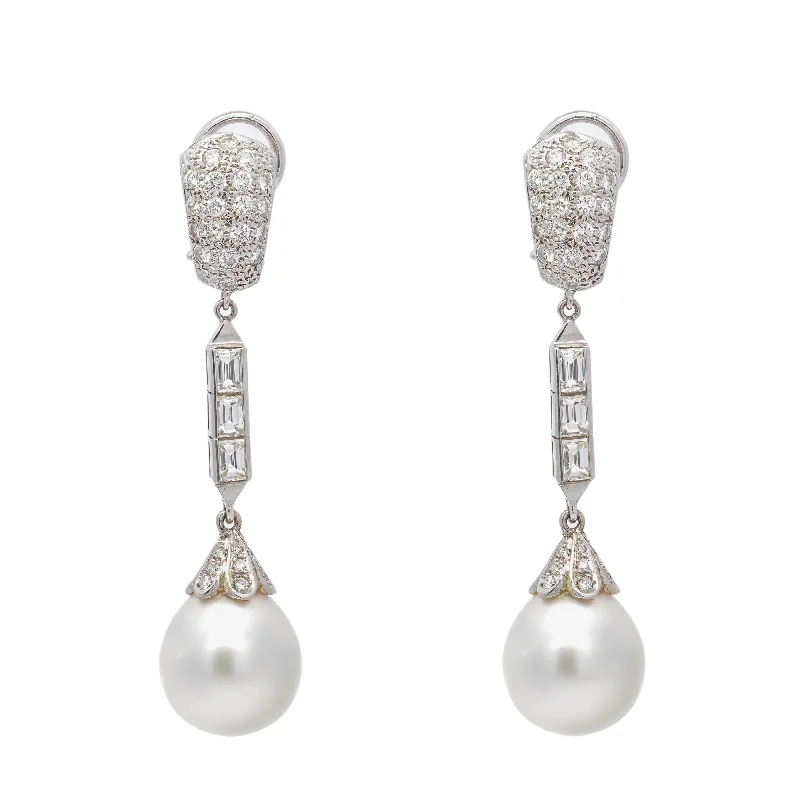 Long silver earrings for evening events -Retro Cultured Pearl & Diamond Drop Earrings