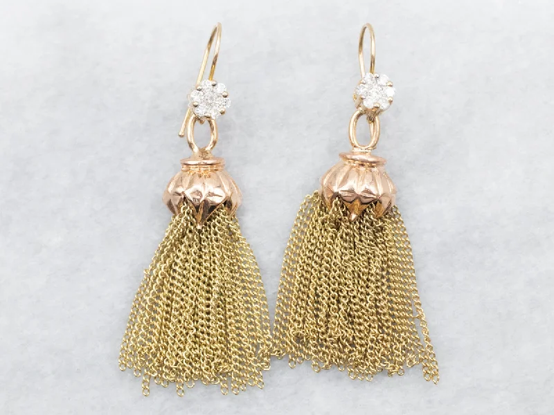 Handcrafted earrings with intricate details -Two Tone Tassel Dangle Drop Earrings with Diamond Cluster Accent