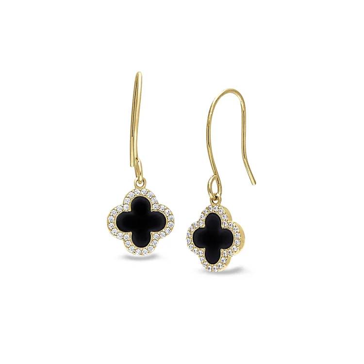 Fashionable silver earrings for casual looks -Gold Finish Sterling Silver Micropave Black Enamel Clover Earrings with Simulated Diamonds