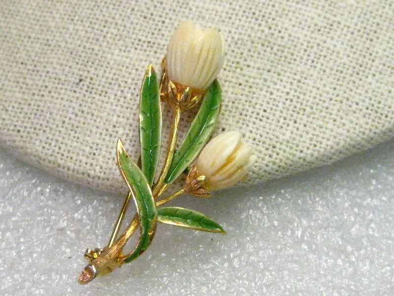 Custom engraved brooch-Vintage Gold Tone Carved Tulip Floral Brooch, Enameled Leaves, Signed JJ