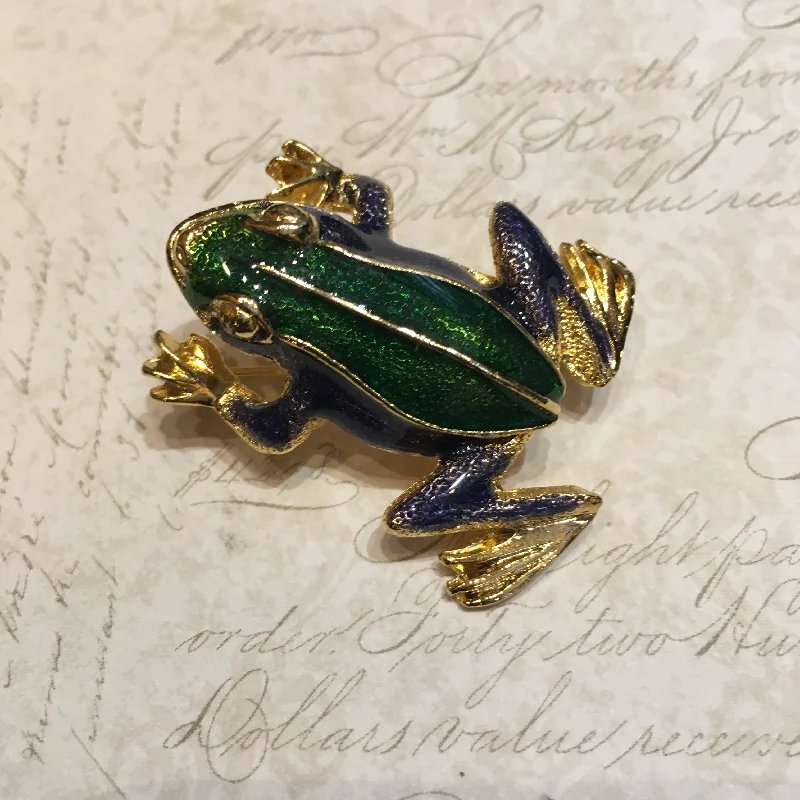 Peacock brooch-Vintage Frog Brooch Green Blue Enamel Gold