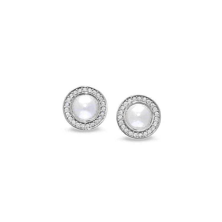 Trendy statement earrings with oversized designs -Platinum Finish Sterling Silver Micropave Round Cabochon Pearl Earrings with Simulated Diamonds