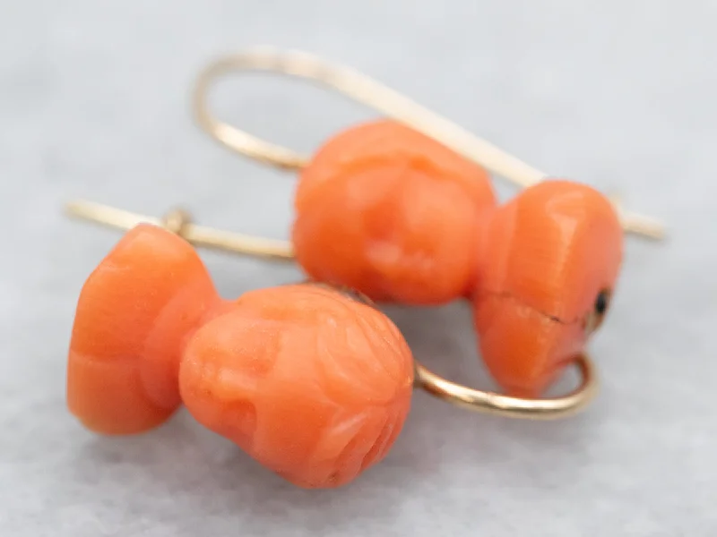 Personalized crystal stud earrings for unique style -Antique Carved Coral Bust Drop Earrings