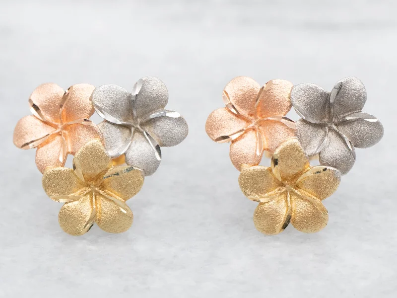 Trendy ear cuffs for modern fashion -Tri Color Gold Floral Stud Earrings