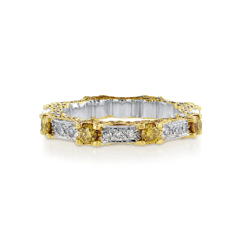 Personalized bar rings for modern fashion -1.54 CT Round Diamond and Fancy Yellow Milgrain 18K Two Tone Gold Eternity Band