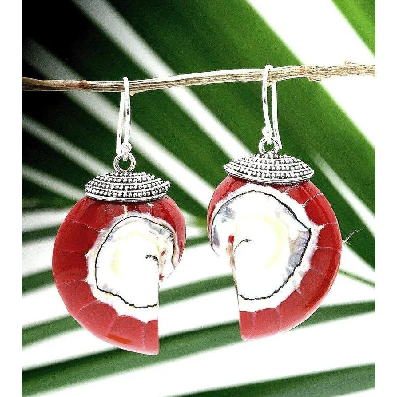 Custom made earrings for bridesmaids -Red Natural Nautilus Pearl Shell Earrings