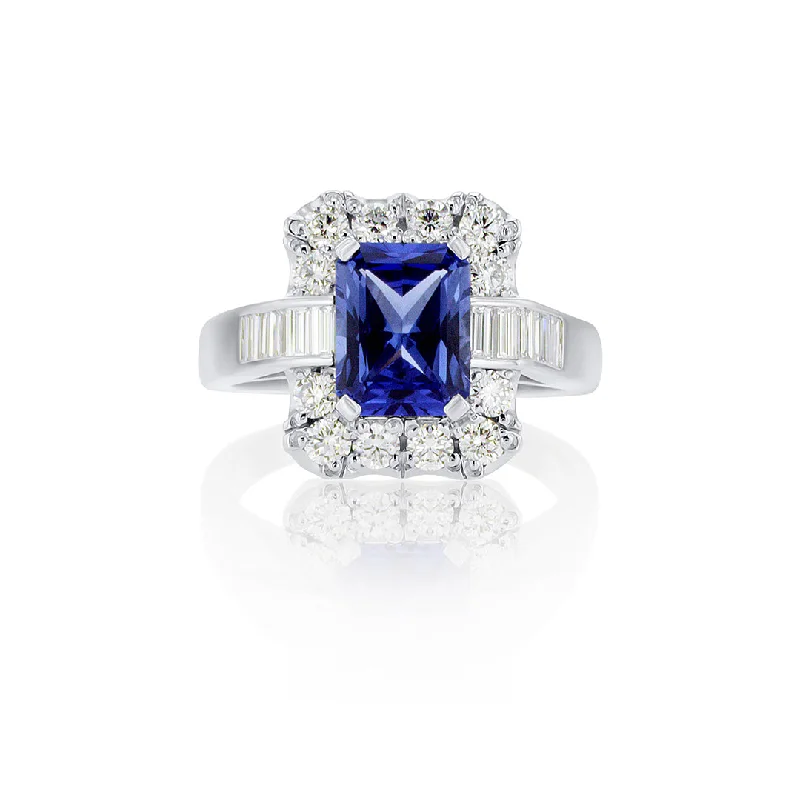 Custom-designed promise rings for meaningful gifts -2.74 CT Emerald Cut Lab Grown Blue Sapphire and 2.00 Cttw Mixed Cut Diamond Halo Platinum Engagement Ring