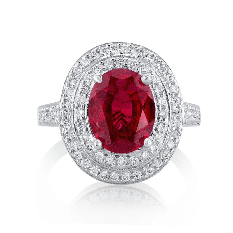 Fashionable rings with geometric patterns -3.55 Carat Lab Grown Ruby & Natural Diamond Double Halo Ring in 18K White Gold