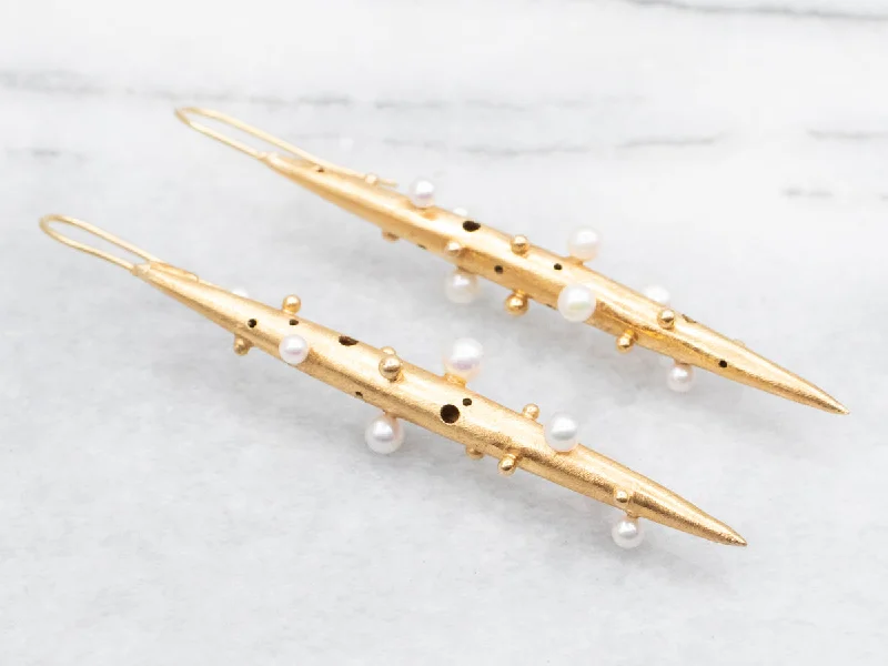 Vintage-inspired earrings for retro looks -Brushed Gold and Pearl Drop Earrings