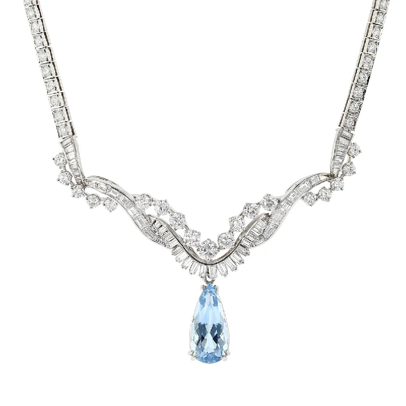 Unique pendant necklaces with creative designs -Platinum Pear Shape Aquamarine and Diamond Necklace