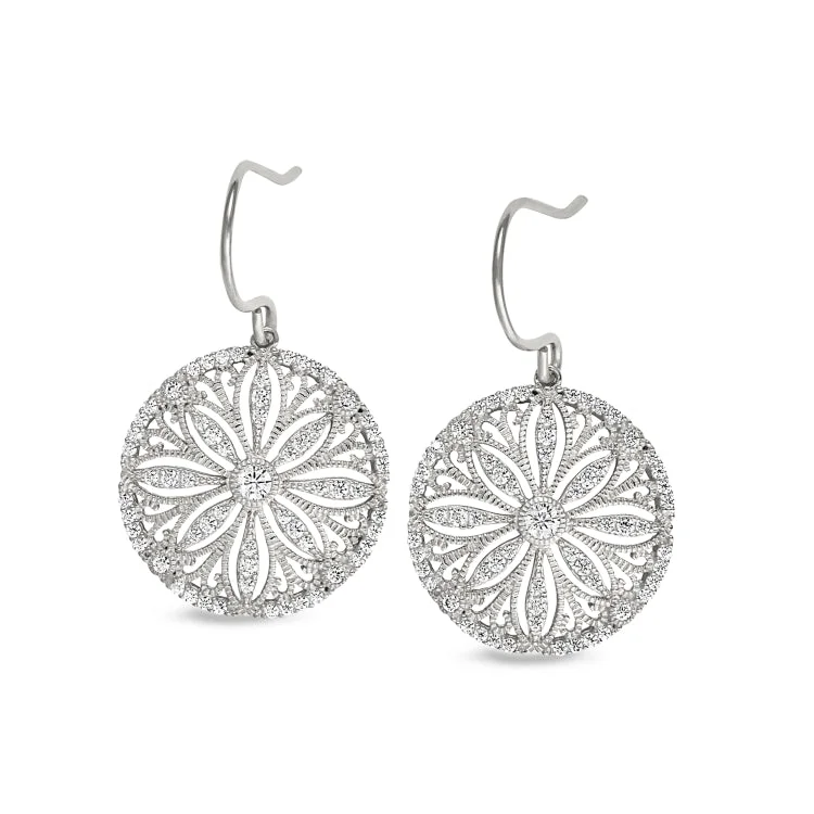 Silver studs with pearl details for sophisticated looks -Platinum Finish Sterling Silver Micropave Vintage Sand Dollar Earrings with Simulated Diamonds