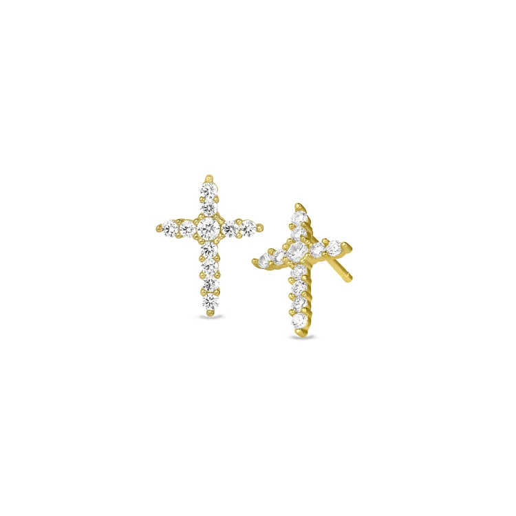 Boho chic earrings for casual fashion -Gold Finish Sterling Silver Cross Earrings with Simulated Diamonds