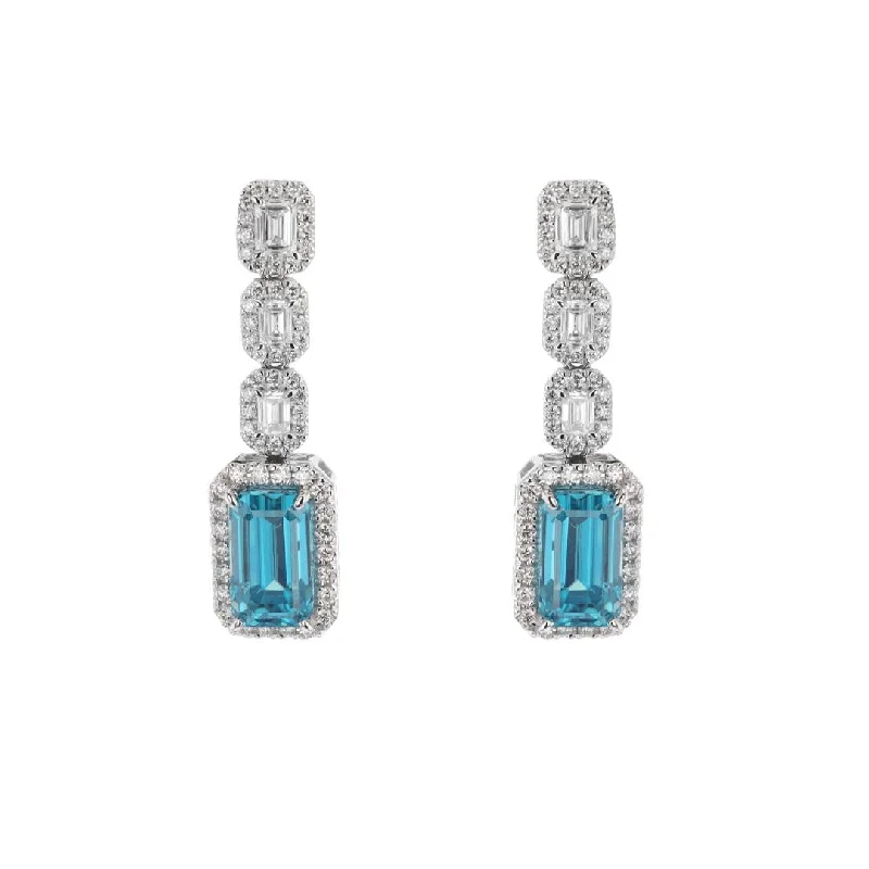 Silver stud earrings with minimalist designs -Blue Zircon & Diamond Halo Drop Earrings