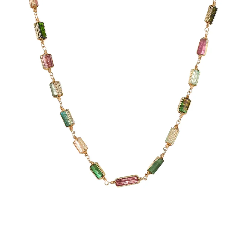 Sparkling rhinestone necklaces for glamorous events -Multicolor Tourmaline Bead Necklace, Yellow Gold Plating