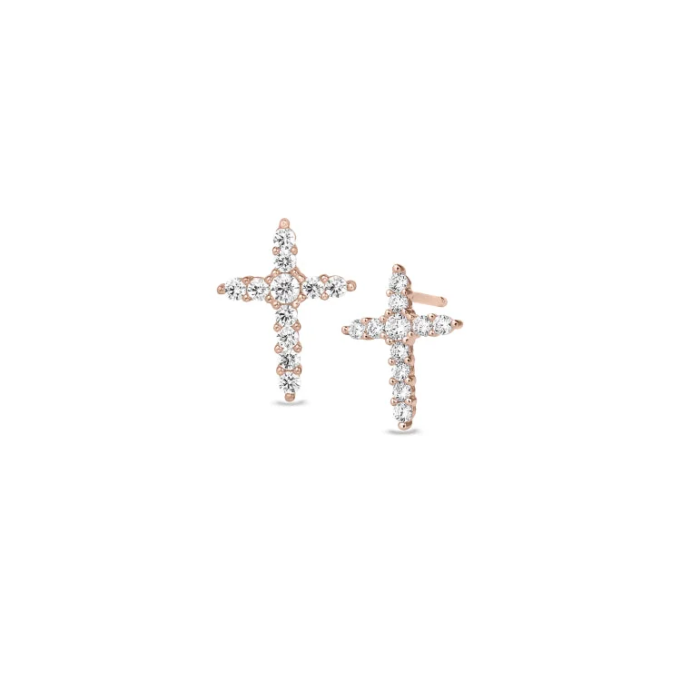 Long drop earrings with precious stones -Rose Gold Finish Sterling Silver Cross Earrings with Simulated Diamonds