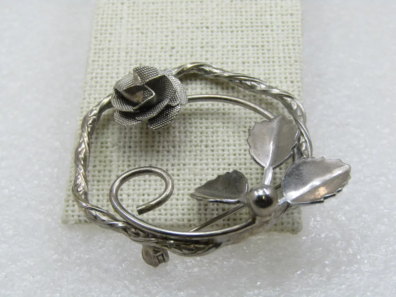 Unique crystal brooch-Vintage Silver Tone 3-D Rose Circle Brooch, 1960's-1970s