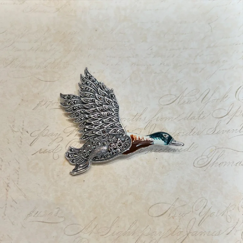 Abstract geometric brooch-Flying Duck Bird Brooch Pendant Silver Marcasite Enamel