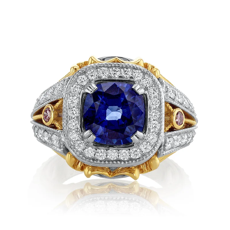 Personalized gemstone rings for birthday gifts -3.65 Carat Heated Blue Sapphire and Diamond Halo Fashion Ring