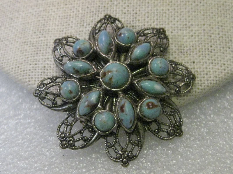 Brooch pins-Vintage Art Deco Brooch, Silver tone Filigree Blue Stone Blossom Shaped, 1.75"