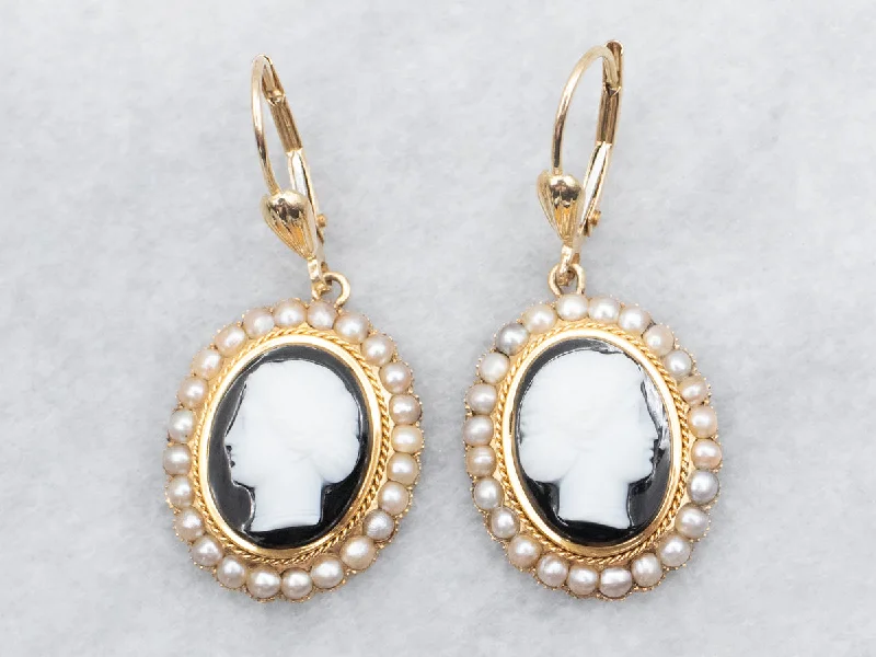 Trendy hoop earrings with gemstone accents -Onyx Cameo and Seed Pearl Drop Earrings