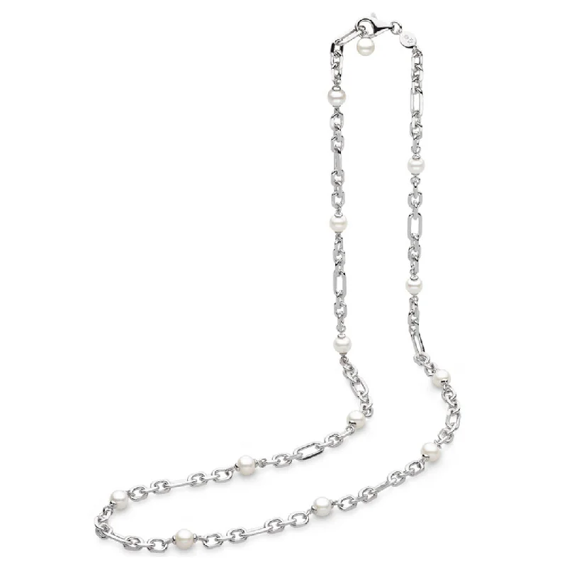 Layered silver necklaces for a trendy look -Freshwater Pearl Figaro Chain Link Necklace, Sterling Silver