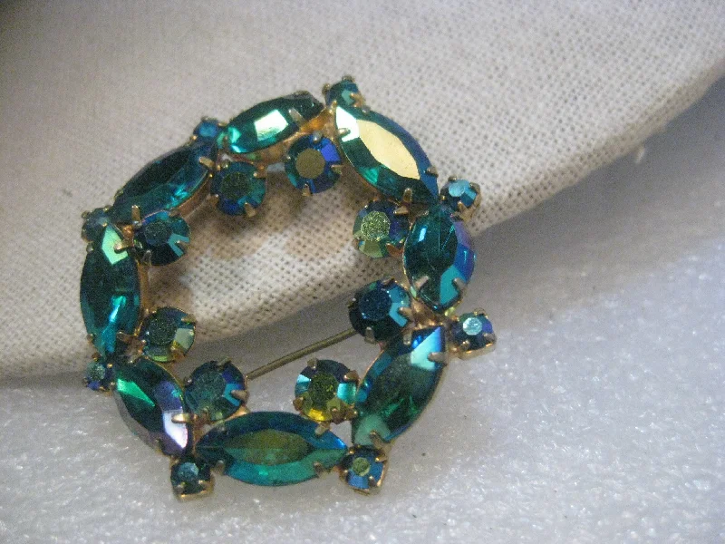 Floral enamel brooch-Vintage Juliana Blue/Green Aurora Borealis Circle/Wreath Brooch, 2", Gold Tone, 1960'