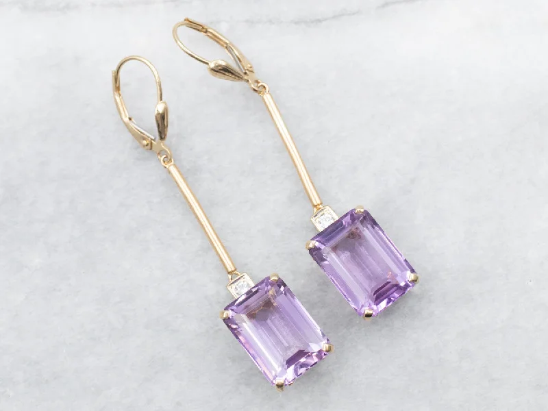 Silver drop earrings with elegant designs -Yellow Gold Amethyst Drop Earrings with Diamond Accent