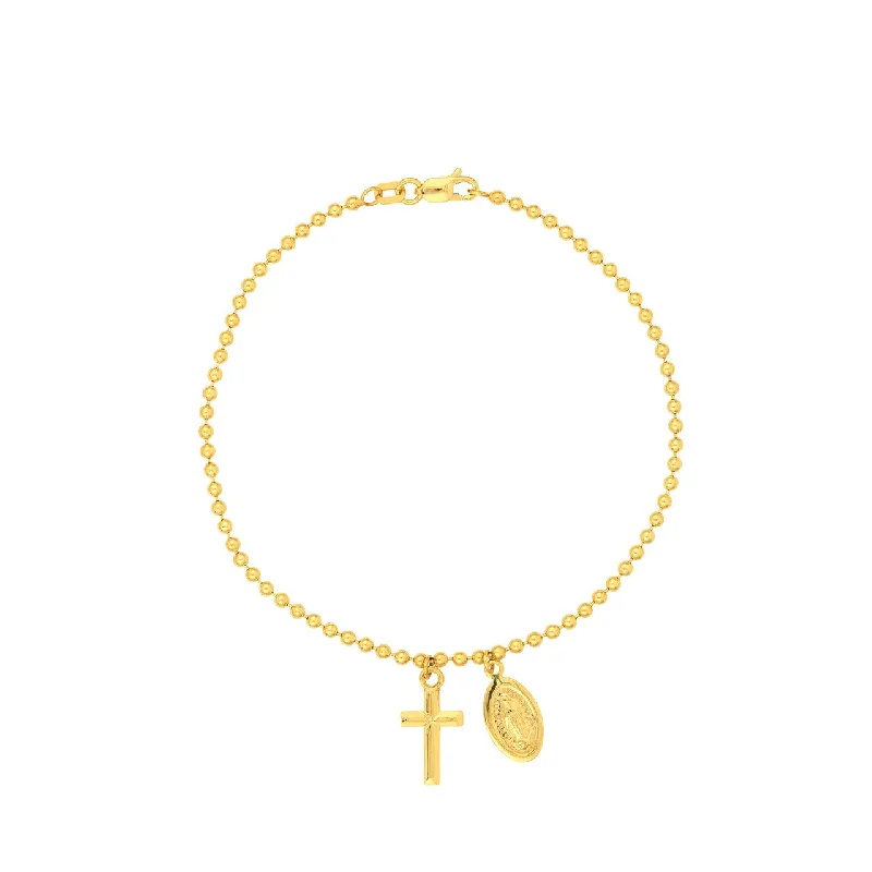 Bracelets with initials-14K Yellow Gold Virgin Mary and Cross Beaded Bracelet