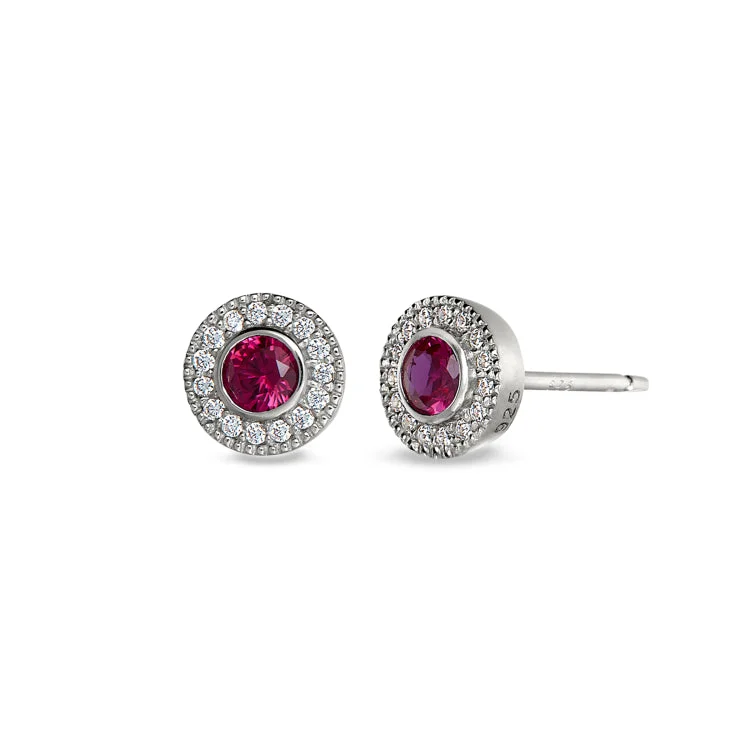 Unique earrings with abstract patterns -Platinum Finish Sterling Silver Micropave Round Simulated Ruby Earrings with Simulated Diamonds