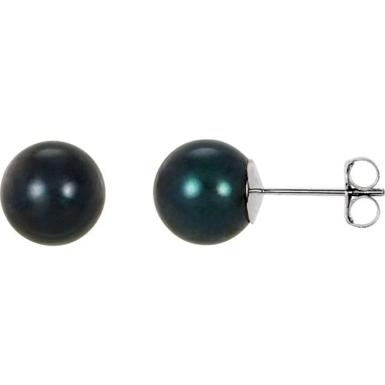 Trendy hoop earrings with gemstone accents -14K White  8 mm Cultured Black Akoya Pearl Earrings