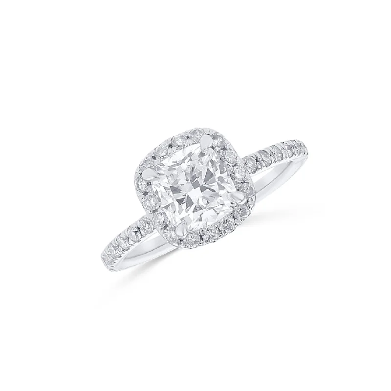 Modern geometric rings for edgy style -14K White Gold 1.51 CT Cushion and 0.70 CT Round Diamond Halo Engagement Ring