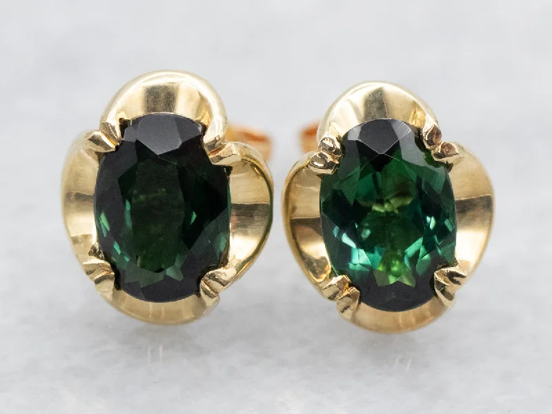 Gold hoop earrings for classic style -Yellow Gold Green Tourmaline Stud Earrings