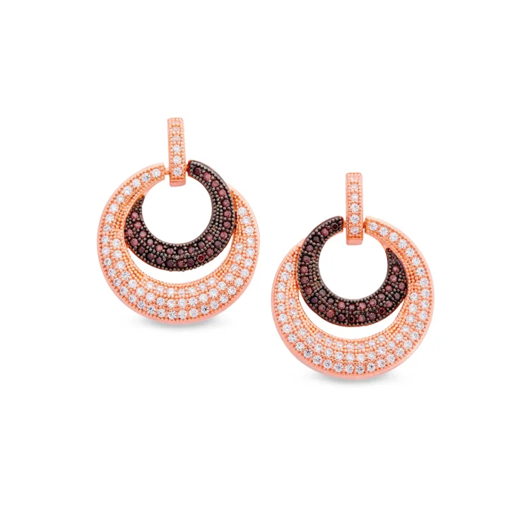 Elegant emerald earrings for luxury looks -Rose Gold & Black Rhodium Finish Sterling Silver Micropave Earrings with Brown & White Simulated Diamonds