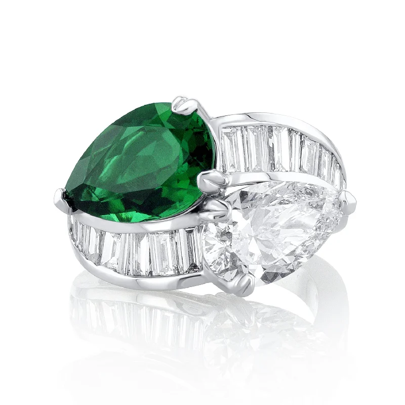 Designer rings with vintage-inspired details -3.01 Carat Pear Emerald & 3.70 Carat Pear Diamond Lab Grown Ring in 14 K White Gold