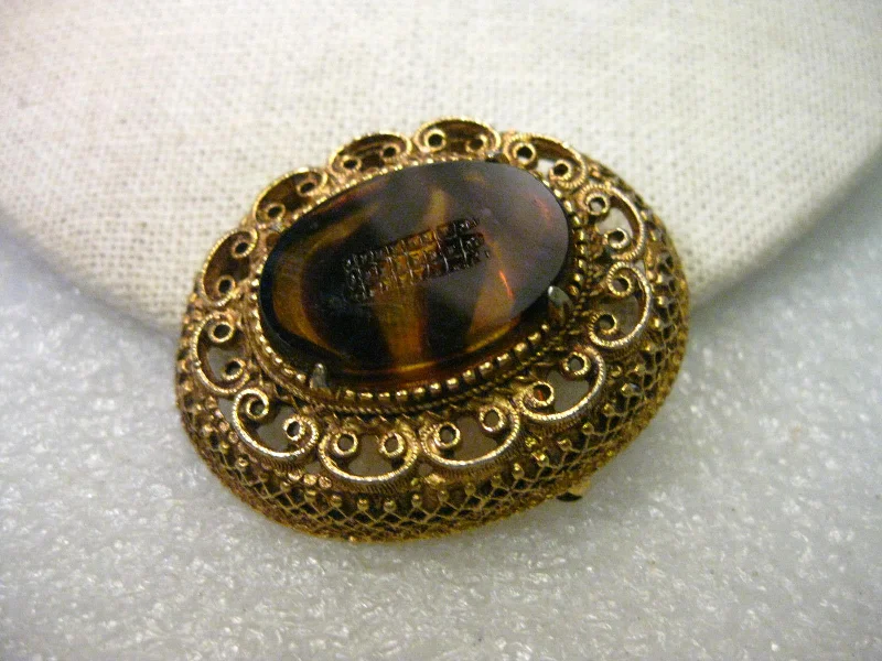 Crystal brooch-Vintage Amber Brown Glass Brooch, signed Florenza, Mid-Century, Cameo Style