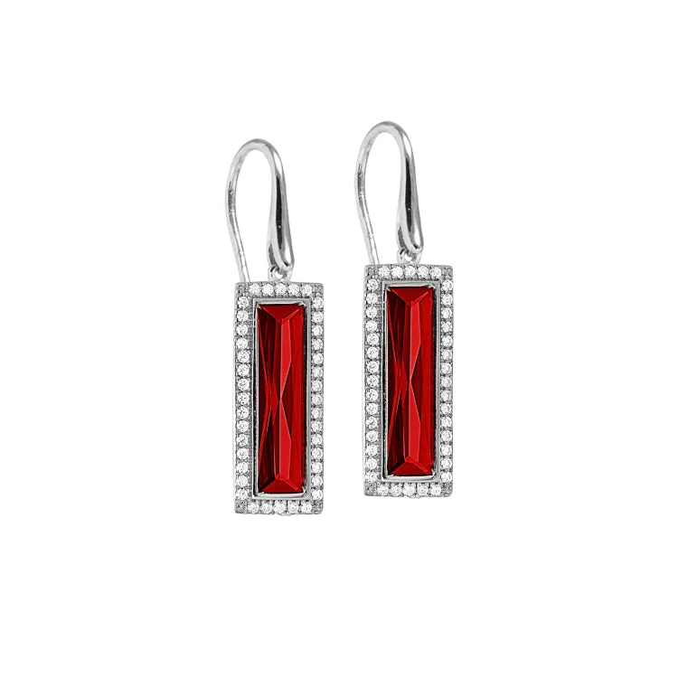 Crystal chandelier earrings for festive events -Rhodium Finish Sterling Silver Earrings with Rectangular Simulated Garnet Stones and Simulated Diamonds