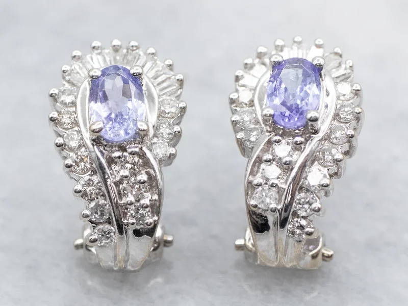 Custom gold earrings with initials -White Gold Oval Cut Tanzanite Stud Earrings with Round and Baguette Cut Diamond Accents and Omega Backs