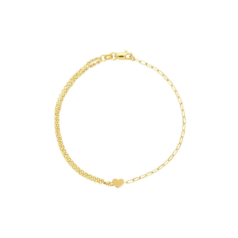 Heart charm bracelets-14K Yellow Gold Paper Clip + Double Rolo Heart Bracelet