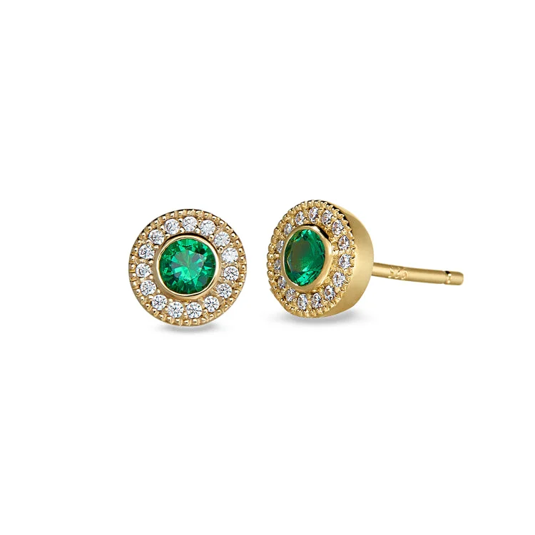 Colorful gemstone earrings for a fun touch -Gold Finish Sterling Silver Micropave Round Simulated Emerald Earrings with Simulated Diamonds