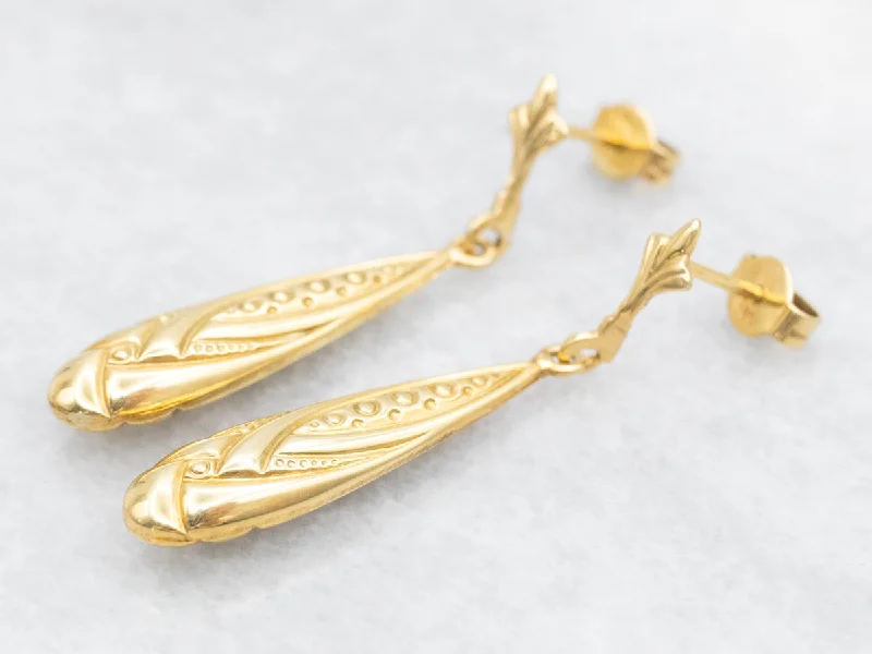 Boho-style earrings with feather designs -Vintage Gold Teardrop Patterned Drop Earrings