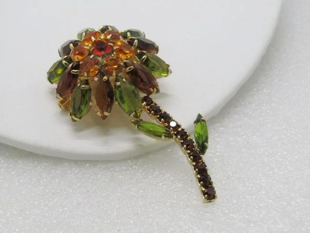 Wedding brooch pin-Vintage Rhinestone Domed Flower Stem Brooch, 3", Amber, Green, Gold, 1960's