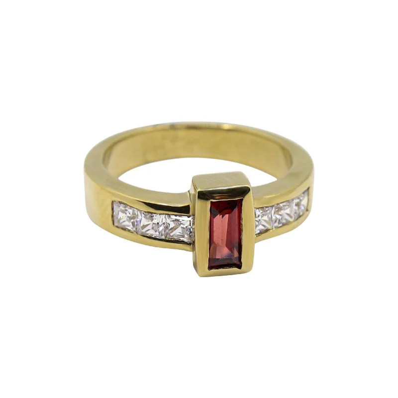 Custom promise rings with special messages -Baguette Cut Garnet and Cubic Zircon set in Yellow Gold Ring