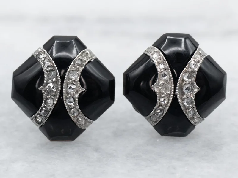 Statement earrings with floral designs -Black Onyx and Diamond Stud Earrings