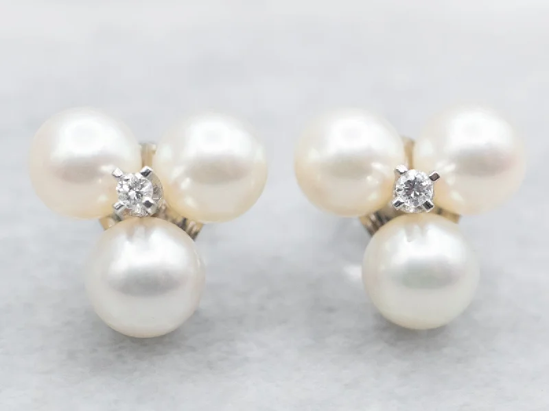 Elegant gold earrings with intricate details -Saltwater Pearl and Diamond Cluster Stud Earrings