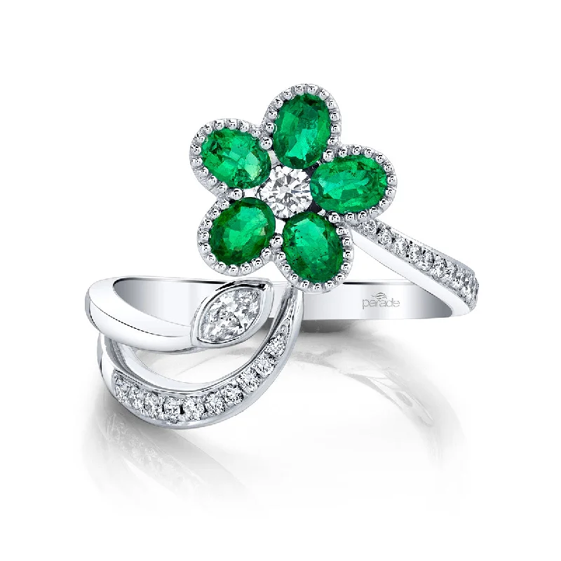 Custom birthstone rings for personalized jewelry -18kw Gold Emerald & Diamond Flower Ring