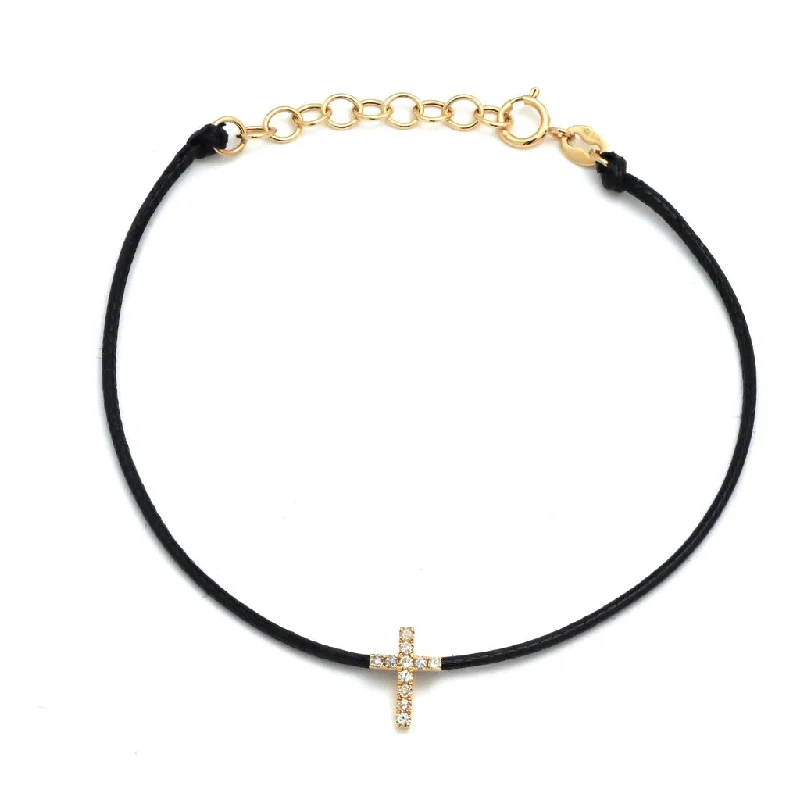 Natural stone bracelets-14K Yellow Gold Diamond Cross Black Cord