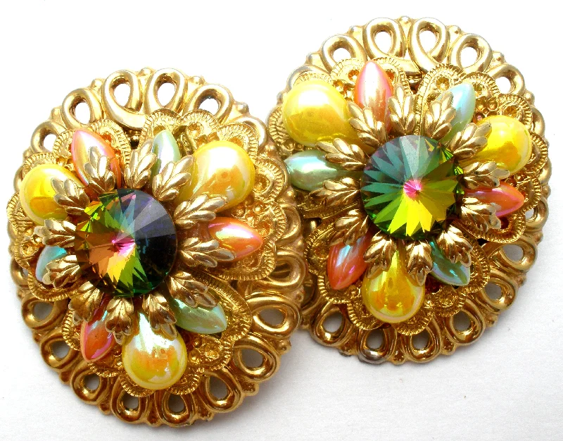 Colorful beaded earrings for a boho vibe -Fantiques Multi Color Rivoli Rhinestone Earrings Vintage