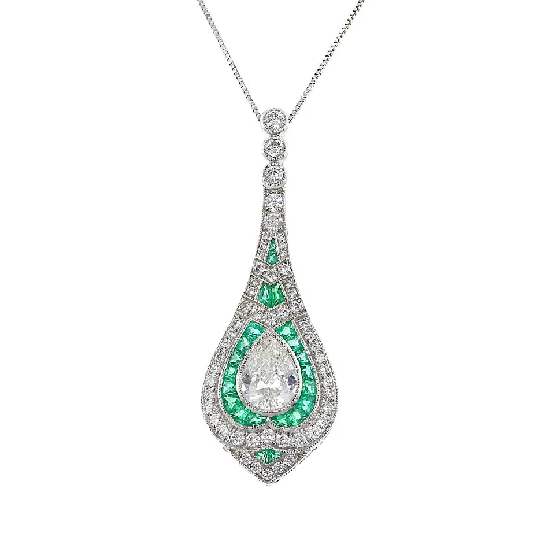 Layered necklaces for a boho-chic look -Platinum Diamond and Emerald Pendant Necklace