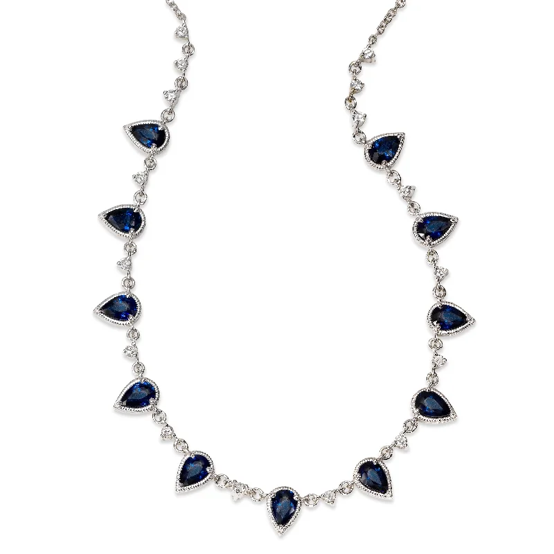 Silver pendants with crystal embellishments -Regal Blue Sapphire and Diamond Necklace, 14K White Gold