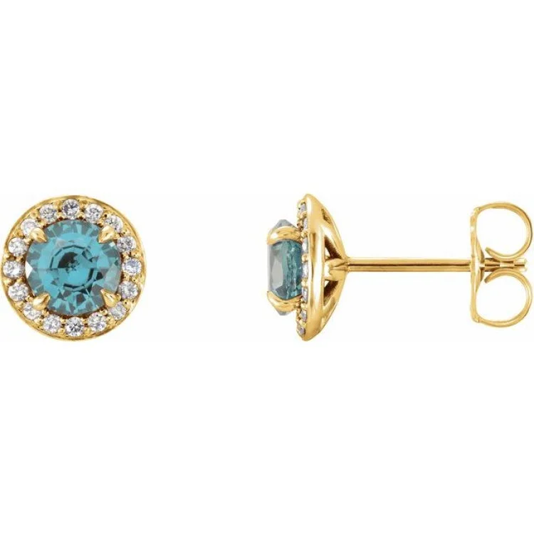 Statement earrings with dangling gemstones -14K Yellow 4.5 mm Natural Aquamarine & 1/6 CTW Natural Diamond Earrings